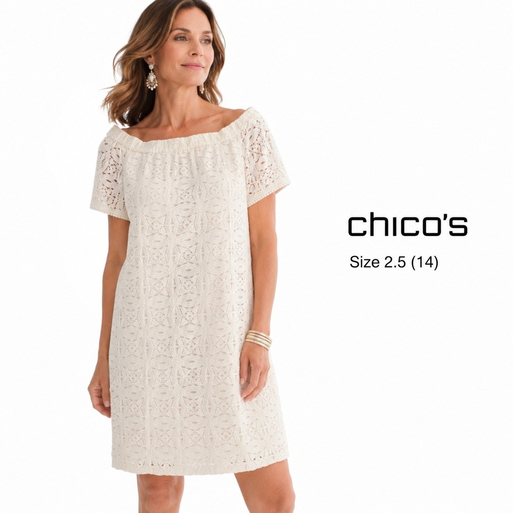 Chico's Off The Shoulder Dress Womens 2.5 (14) White Lace Shift Boho Resortwear